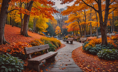 Poster - A path with benches and trees in autumn. The path is lined with trees and benches, and the leaves are falling from the trees. Scene is peaceful and serene, as the autumn colors create a warm and
