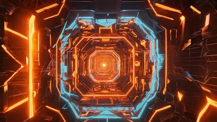 Fototapete - Futuristic neon tunnel with geometric patterns and glowing lights