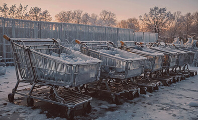Poster - A row of shopping carts are covered in snow. The carts are lined up in a row, with some of them being empty. The scene has a cold and desolate feel, as the snow covers the ground