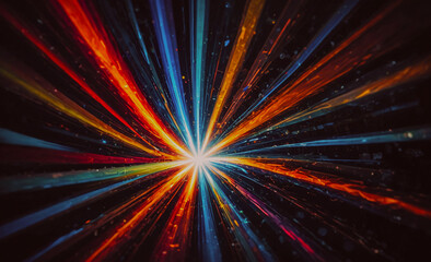 Poster - A colorful light show with a bright yellow star in the center. The colors are vibrant and the light is scattered throughout the image