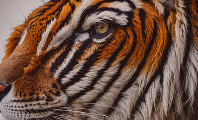 Poster - A tiger's face is shown in a close up. The tiger has a striped face and a yellow eye