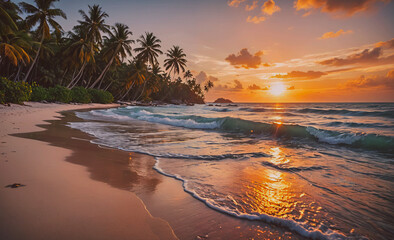 Poster - A beautiful beach with palm trees and a sunset in the background. The water is calm and the sky is orange