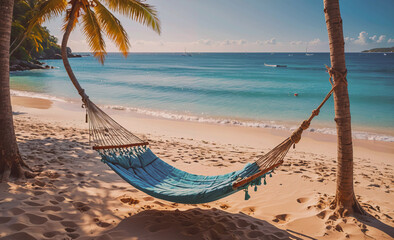 Poster - A blue hammock is hanging over the beach. The beach is calm and peaceful