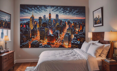 Poster - A large cityscape painting hangs on the wall of a bedroom. The painting depicts a city at night with a cloudy sky. The room is furnished with a bed, nightstand, and dresser
