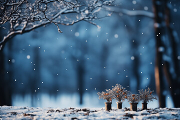 Wall Mural - Abstract background of snow and winter landscape with falling snowflakes, snowdrifts and forest in the blurry backdrop. Winter concept banner for Christmas or New Year. Focus on foreground