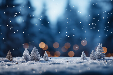 Wall Mural - Abstract background of snow and winter landscape with falling snowflakes, snowdrifts and forest in the blurry backdrop. Winter concept banner for Christmas or New Year. Focus on foreground