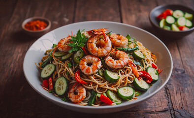 Aufkleber - A plate of shrimp and vegetables is on a wooden table. The plate is full of food and the vegetables are fresh and colorful. The shrimp are cooked and look delicious. The table is surrounded by bowls