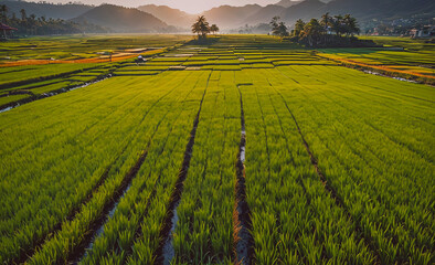 Poster - A field of rice is shown with a beautiful sunset in the background. The rice is green and the sky is orange