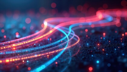 Poster - Abstract futuristic design. Colorful fiber optic cables. Glowing lines weave. Dark background. Tech background. Modern lines. Digital art. Elegant design. Communication concept. Vibrant colors.