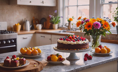 Poster - A kitchen counter is filled with a variety of desserts, including cakes, fruit, and pastries. The table is set with plates and bowls, and there are several vases with flowers on the counter
