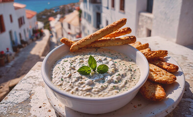 Poster - A white bowl filled with a creamy white soup, topped with a green leaf. The bowl is placed on a white plate, and the scene takes place on a balcony overlooking a city. The soup and the leaf create a