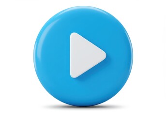 Fototapete - A 3D circular button in bright blue with a white triangular play icon in the center isolated on a white background