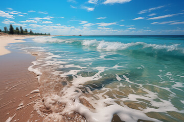 Wall Mural - A serene beach scene at sunset, with pastel-colored clouds in the sky and gentle waves lapping against the sandy beaches.