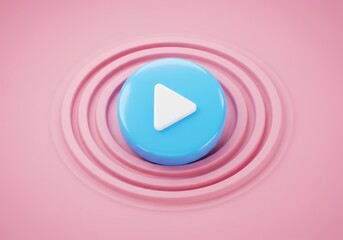 Fototapete - A 3D illustration of a blue circular play button with white triangular icon in the center, set against a pink background