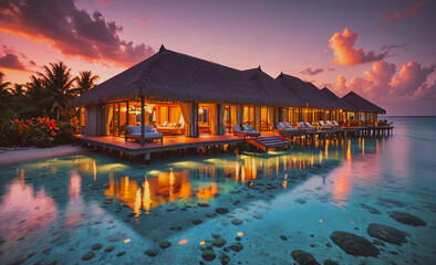 Fototapete - A beachfront resort with a large pool and a beautiful ocean view. The resort is lit up at night, creating a warm and inviting atmosphere