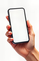 Poster - Hand holds modern smartphone. Blank screen displays. Hand holds device isolated on white background. Mockup for design applications. Blank template for tech advertisement. Isolated illustration for