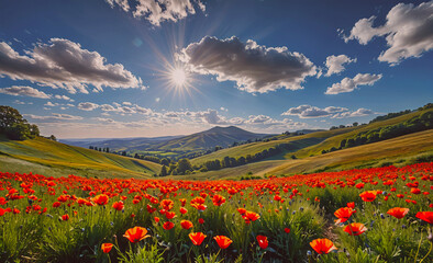 Poster - A field of red flowers with a bright sun shining on them. The sun is in the sky and the clouds are in the background