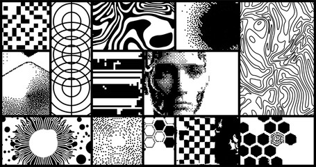 Aufkleber - Сollage of several rectangles containing various abstract images and textures. Vector illustration in Industrial pixel art style.