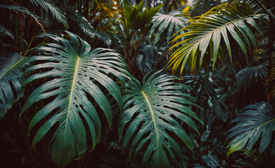 Aufkleber - A dense jungle with a large leafy plant in the foreground. The leaves are vibrant green and the plant is quite large, towering over the surrounding foliage. The scene is teeming with life, with