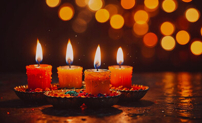 Poster - a group of candles are lit and arranged in a circle. the candles are orange and appear to be lit by 