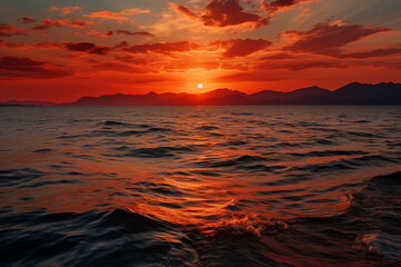 Wall Mural - Photograph of an orange sunset over the sea, on the horizon.