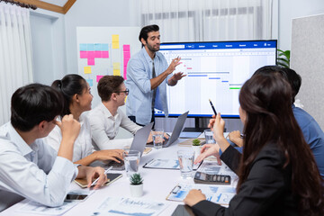 Leinwandbilder - Project manager communicate and collaborate with team using project management software display on monitor, tracking progress of project task and making schedule plan at meeting table. Prudent