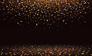 Poster - A black background with gold glitter falling from the sky. The glitter is falling in a way that it looks like it's raining gold