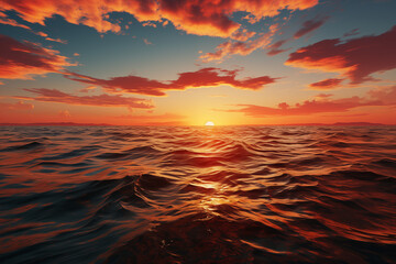 Sunset over the sea, the horizon with an orange sky and a red sun above the calm water surface, viewed from a high perspective, realistic photography, landscape photography, wide angle