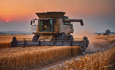 Poster - A large combine harvester is driving through a field of wheat. The sun is setting in the background, casting a warm glow over the scene. The combine harvester is surrounded by a cloud of dust