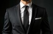 © miss irine - Close-up view of man wearing elegant black suit, white shirt with black tie. Formal attire suggests business event wedding. Man looks confident, stylish. Focus on suit details. Modern style,