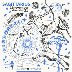  Hand drawn sagittarius zodiac signs illustration, horoscope background with astrology symbols and talismans