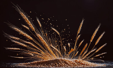 Poster - A pile of wheat is scattered across a black background. The wheat is in various stages of being blown away by the wind, creating a sense of movement and energy. The scene evokes a feeling of chaos and