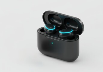 Fototapete - A 3D illustration of sleek black wireless earbuds with glowing blue accents, housed in an open charging case isolated on a white background