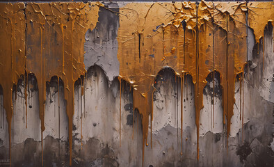 Poster - A painting of a wall with yellow paint dripping down it. The painting has a mood of chaos and disorder