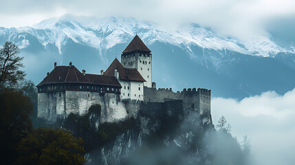 Wall Mural - A majestic stone castle sits on a hilltop shrouded in mist, with snow-capped mountains in the background. Fantasy Castle. Illustration