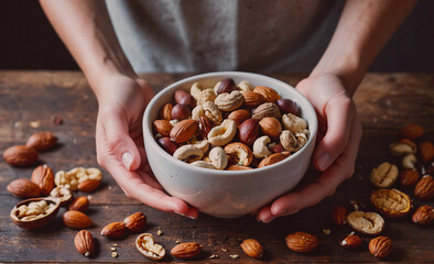 Poster - A person is holding a bowl of mixed nuts. The nuts include almonds, cashews, and walnuts. The bowl is placed on a wooden table, and there are many nuts scattered around the table