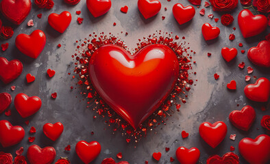 Poster - A heart made of many red hearts is surrounded by a lot of red hearts. The heart is the main focus of the image, and the surrounding hearts create a sense of love and affection. The image conveys a
