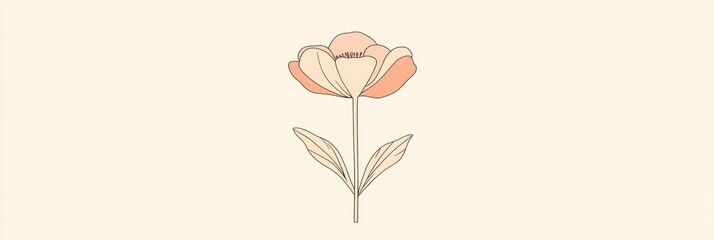 Poster - Stylized illustration of a pink flower with elegant petals and green leaves on a soft beige background. Generative AI