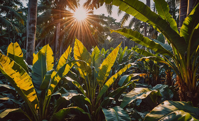 Poster - A lush green jungle with a sun shining through the trees. The sun is casting a warm glow on the leaves and the ground