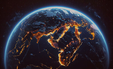 Poster - A close up of the Earth with a dark blue sky and a bright orange and yellow spot, which is the sun. The sun is surrounded by a halo of light, creating a warm and inviting atmosphere