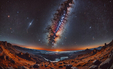 Poster - a beautiful night sky with a large, glowing cloud of gas and dust. the sky is filled with stars and 