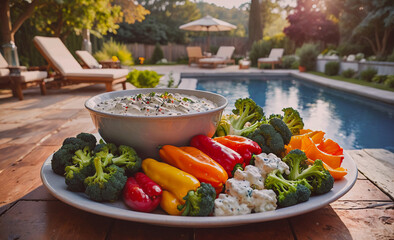 Aufkleber - A plate of vegetables and dip is on a wooden table outside. The table is surrounded by chairs and a pool