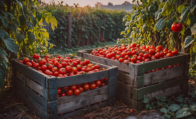 Poster - Two wooden crates filled with ripe red tomatoes. The crates are placed in a field with green plants and bushes. Scene is warm and inviting, with the bright red tomatoes and the lush green surroundings