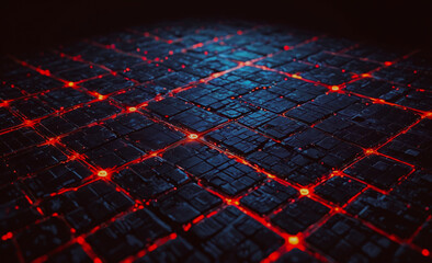 Poster - A computer generated image of a city with red lights on the buildings. The image has a futuristic and industrial feel to it