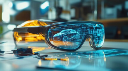 Poster - closeup of a pair of smart glasses resting on a cluttered desk reflecting a vivid augmented reality 