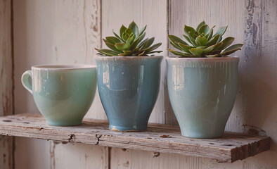 Poster - Three small blue and white ceramic pots with plants in them sit on a wooden shelf. The pots are arranged in a row, with the middle one slightly taller than the other two