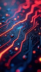 Poster - Abstract tech board glows with red, blue neon light. Complex circuit patterns, components create futuristic design. High tech electronic board for tech enthusiasts gamers. Stylish, modern graphic.