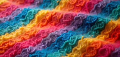 Poster - Colorful wool material with vibrant rainbow stripes. Closeup view shows intricate texture, soft curls. Colorful wool fabric perfect for blankets sweaters. Wool material shows soft, cozy look. Rainbow