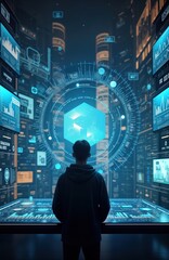 Fototapete - Person stands before futuristic interface with holographic screens displaying data. Complex digital screens show data analysis, tech elements. Person focuses on holographic projection. Modern digital