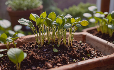 Poster - Small pot of plants with green leaves and brown dirt. The plants are growing and are in a small container